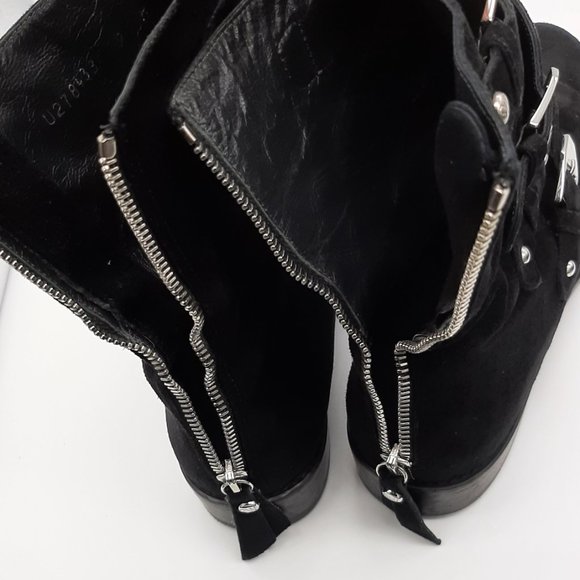 Stuart Weitzman Jitterbug Moto Black Suede Buckle Boots - Picture 9 of 16